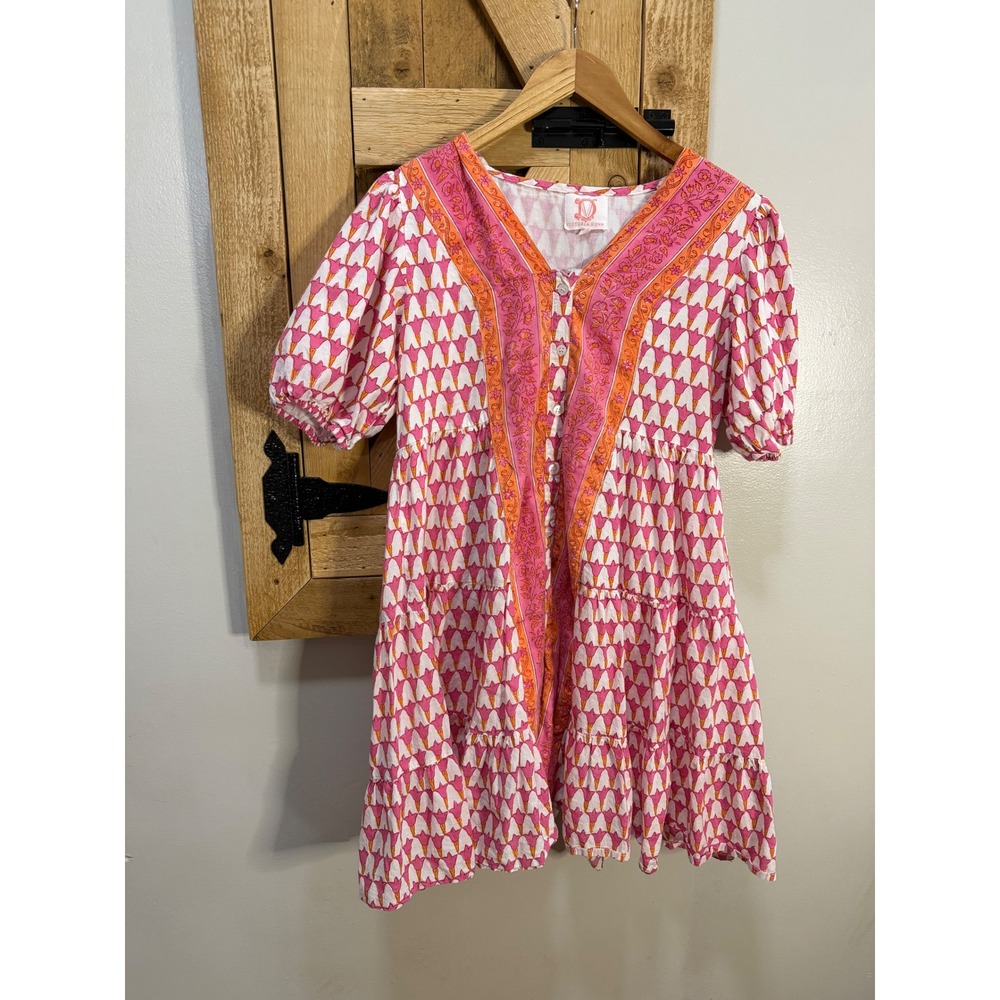 Victoria Dunn Pink Orange Block Print Mini Dress Womens Medium Puff Sleeve